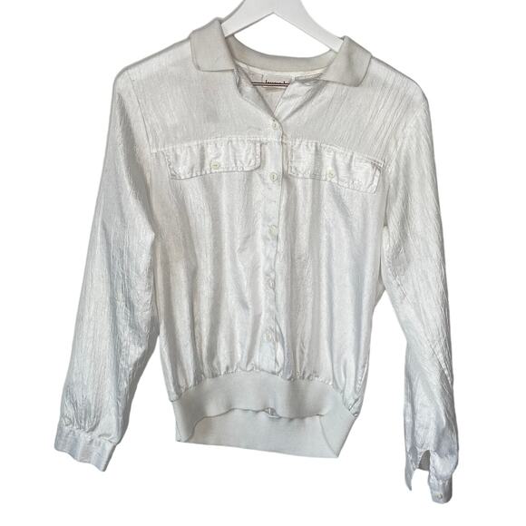Vintage Lauren Lee Shiny White Button Gathered Hem Shirt - Women's 8 - Picture 1 of 4